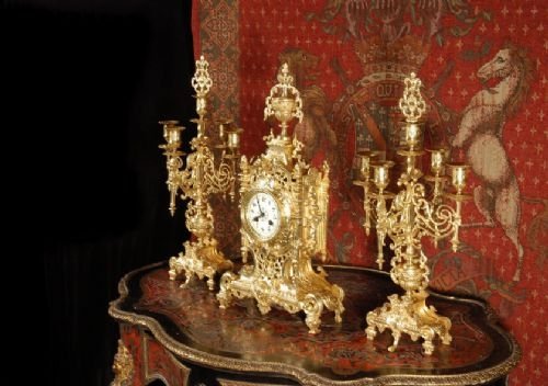****Sold***** Japy Freres Antique Gilt Brass Clock Set ~ French - Circa 1890 ~